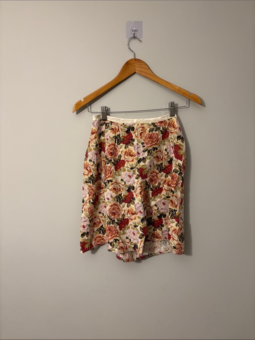 Floral Cream Mini Skirt with Pink & Red Blooms